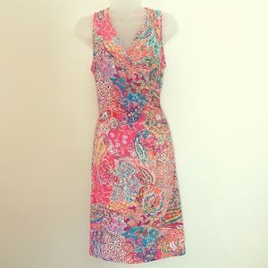 LAUREN Tropical sleeveless ruche side gathered stretchy dress.